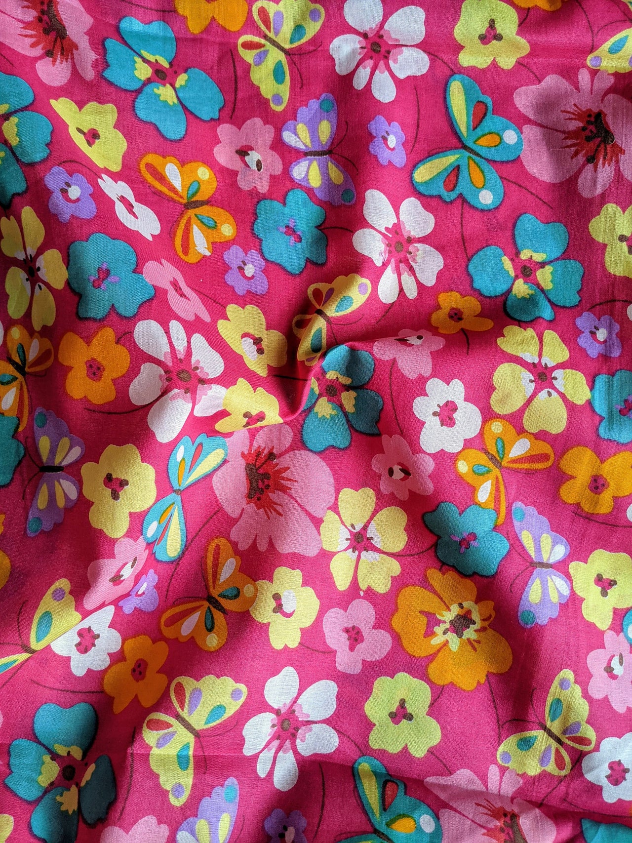 Pink Cotton Voile Floral Butterfly Fabric, Floral Print Fabric, Lightweight Pink Fabric