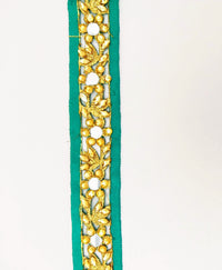 Thumbnail for Dark Green Satin Ribbon Floral Cutwork Lace Trim Embellished with Real Mirrors and Kundan Beads, Decorative Trim, Trim By 3 Yards