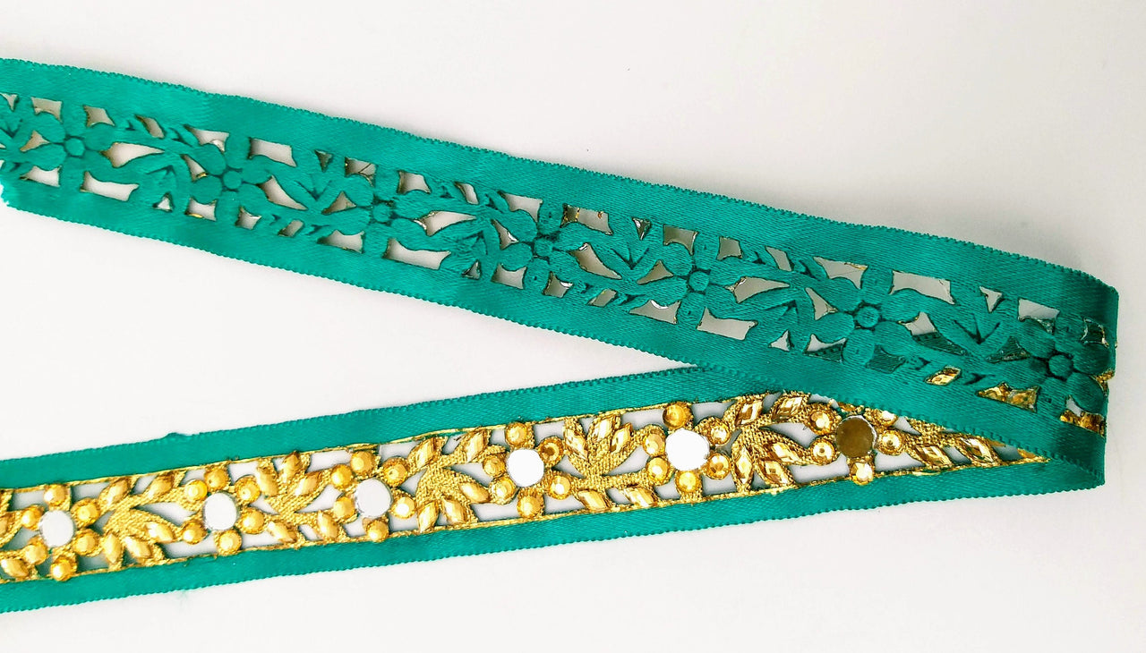 Dark Green Satin Ribbon Floral Cutwork Lace Trim Embellished with Real Mirrors and Kundan Beads, Decorative Trim, Trim By 3 Yards