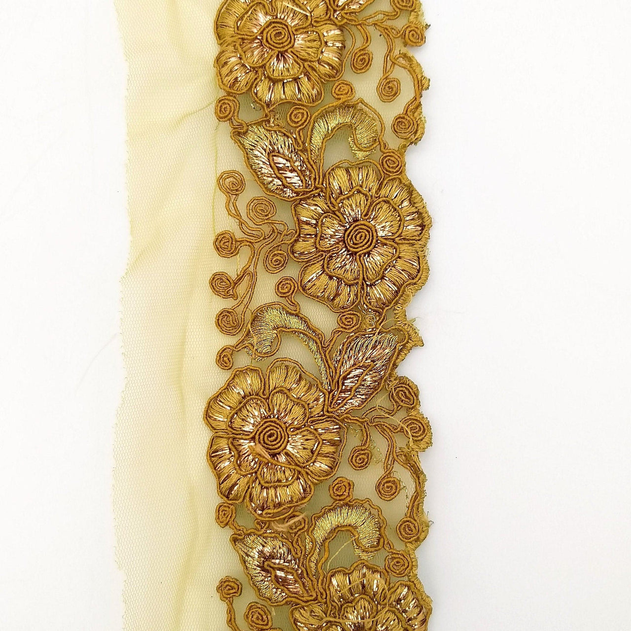 Yellow Ochre Net Fabric Lace Trim with Floral Embroidery, Lace Trim, Sari Border