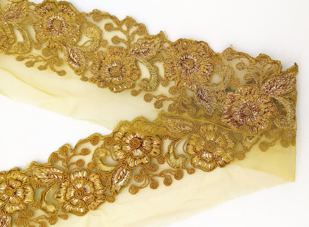 Yellow Ochre Net Fabric Lace Trim with Floral Embroidery, Lace Trim, Sari Border