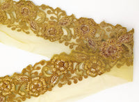 Thumbnail for Yellow Ochre Net Fabric Lace Trim with Floral Embroidery, Lace Trim, Sari Border