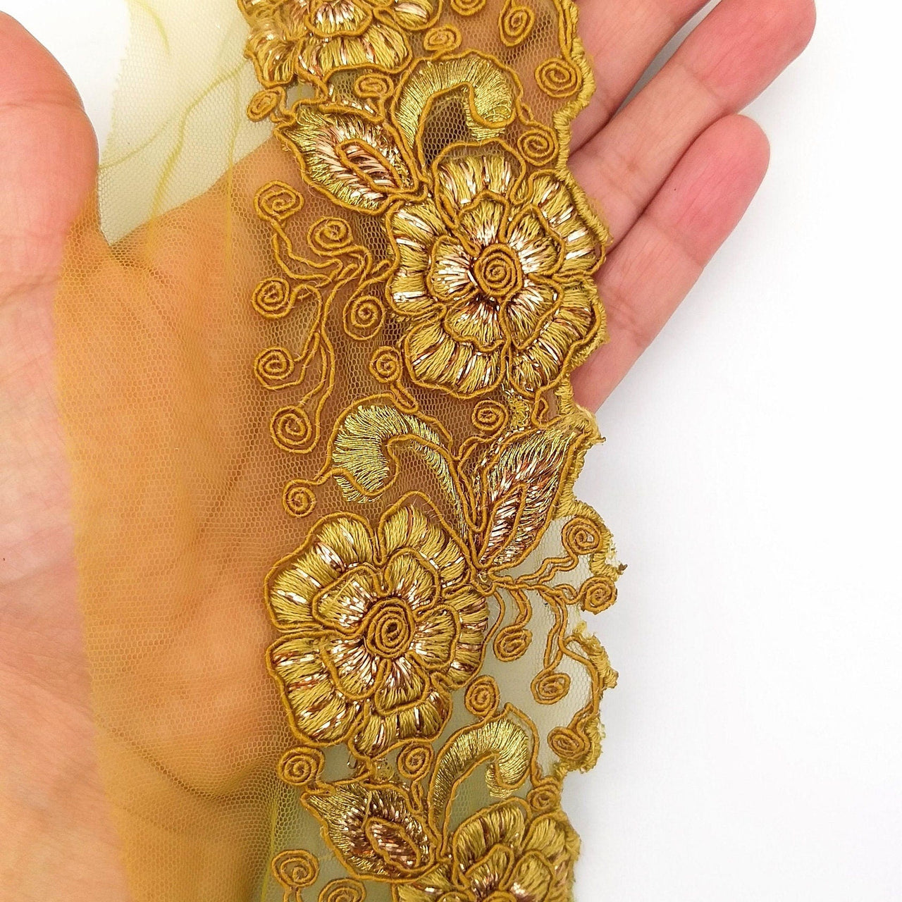 Yellow Ochre Net Fabric Lace Trim with Floral Embroidery, Lace Trim, Sari Border