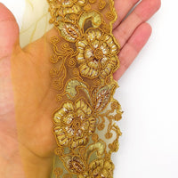 Thumbnail for Yellow Ochre Net Fabric Lace Trim with Floral Embroidery, Lace Trim, Sari Border