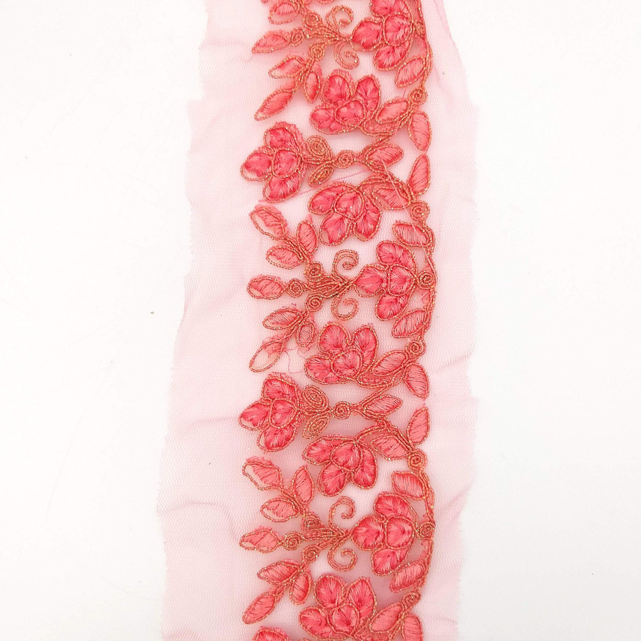 Pink Net Fabric Lace Trim with Floral Embroidery, Lace Trim, Sari Border