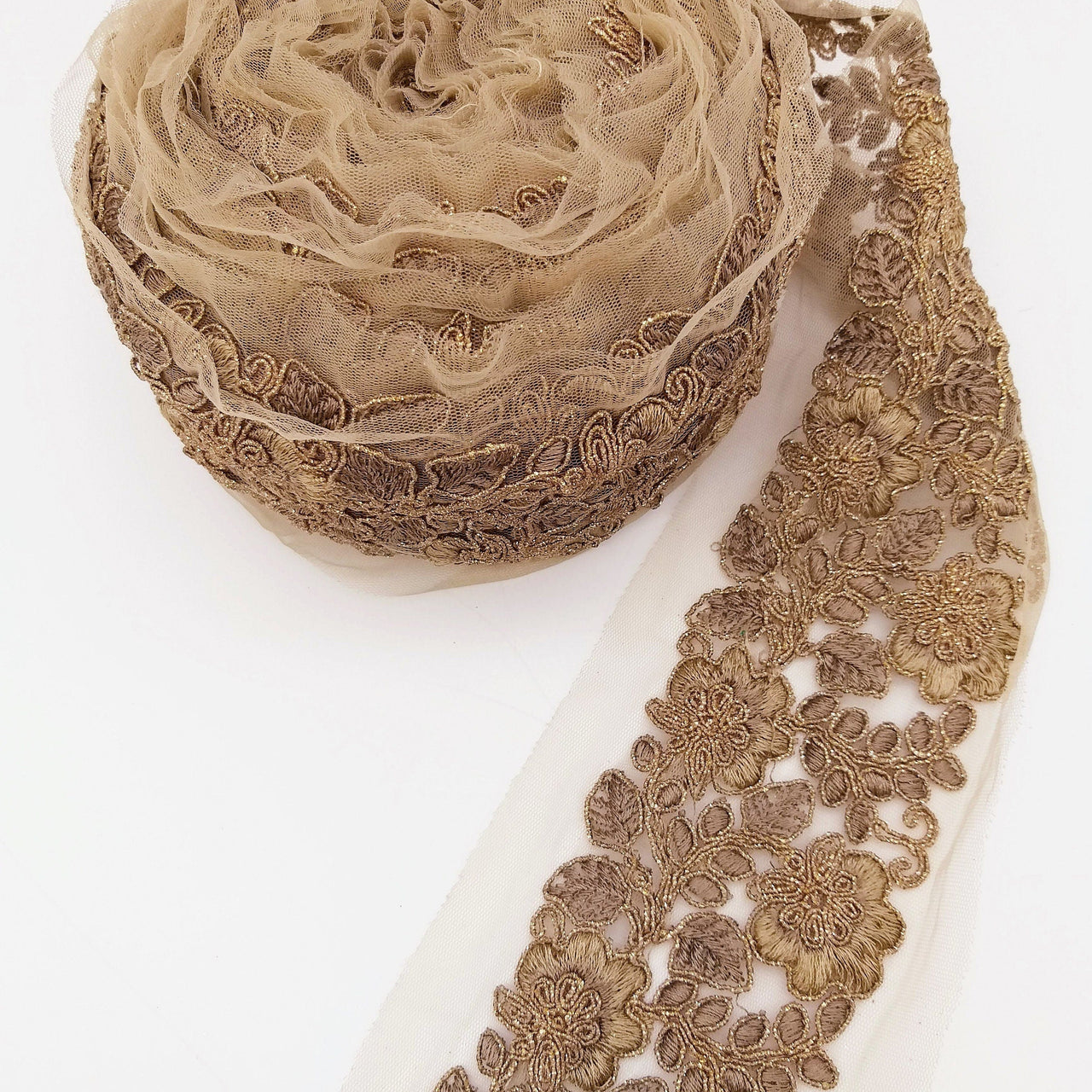 Grey Net Fabric Lace Trim with Floral Embroidery, Lace Trim, Sari Border