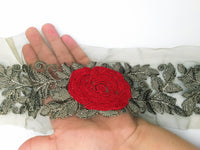 Thumbnail for Grey Net Fabric Lace Trim with Floral Embroidery, Lace Trim, Sari Border
