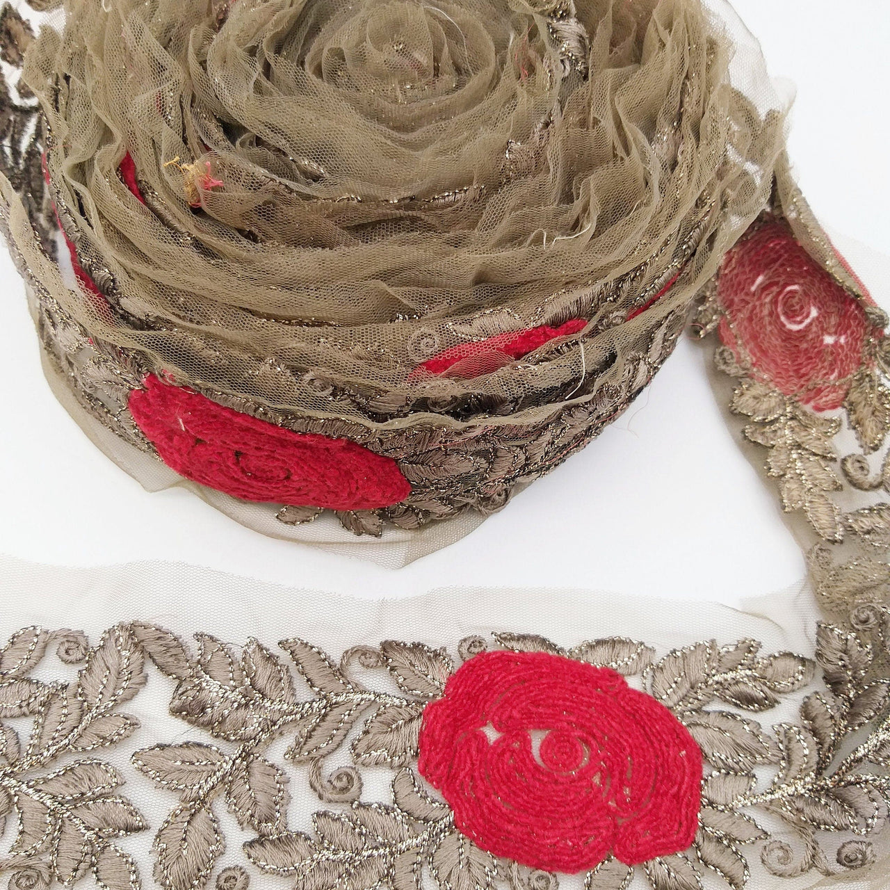 Grey Net Fabric Lace Trim with Floral Embroidery, Lace Trim, Sari Border