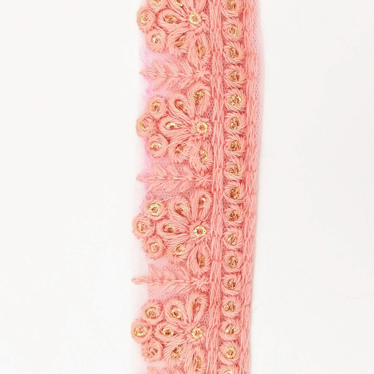 Pink Net Lace Trim With Floral Embroidery And Gold Sequins, Sequinned Trim, Wedding Trim Bridal Trim
