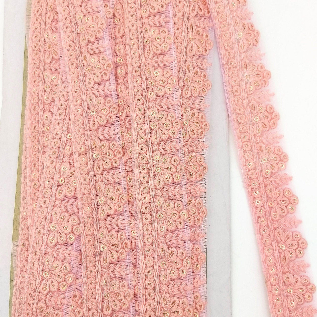 Pink Net Lace Trim With Floral Embroidery And Gold Sequins, Sequinned Trim, Wedding Trim Bridal Trim