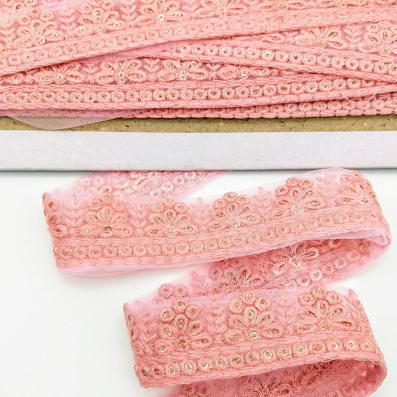 Pink Net Lace Trim With Floral Embroidery And Gold Sequins, Sequinned Trim, Wedding Trim Bridal Trim