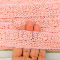 Thumbnail for Pink Net Lace Trim With Floral Embroidery And Gold Sequins, Sequinned Trim, Wedding Trim Bridal Trim