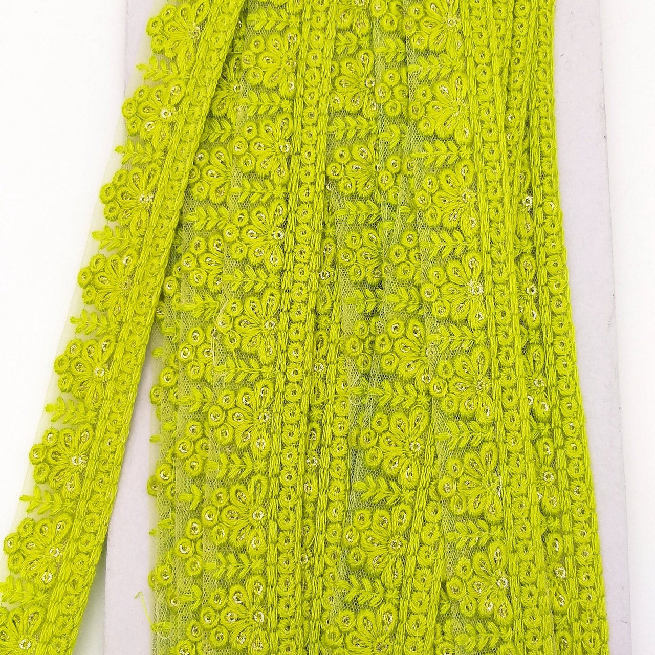 Green Net Lace Trim With Floral Embroidery And Gold Sequins, Sequinned Trim, Wedding Trim Bridal Trim