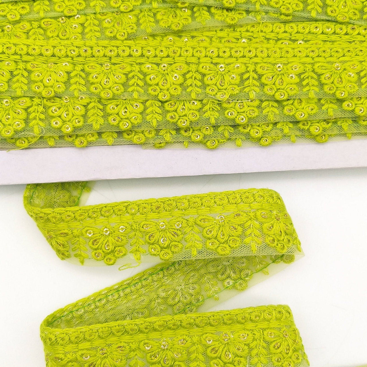 Green Net Lace Trim With Floral Embroidery And Gold Sequins, Sequinned Trim, Wedding Trim Bridal Trim