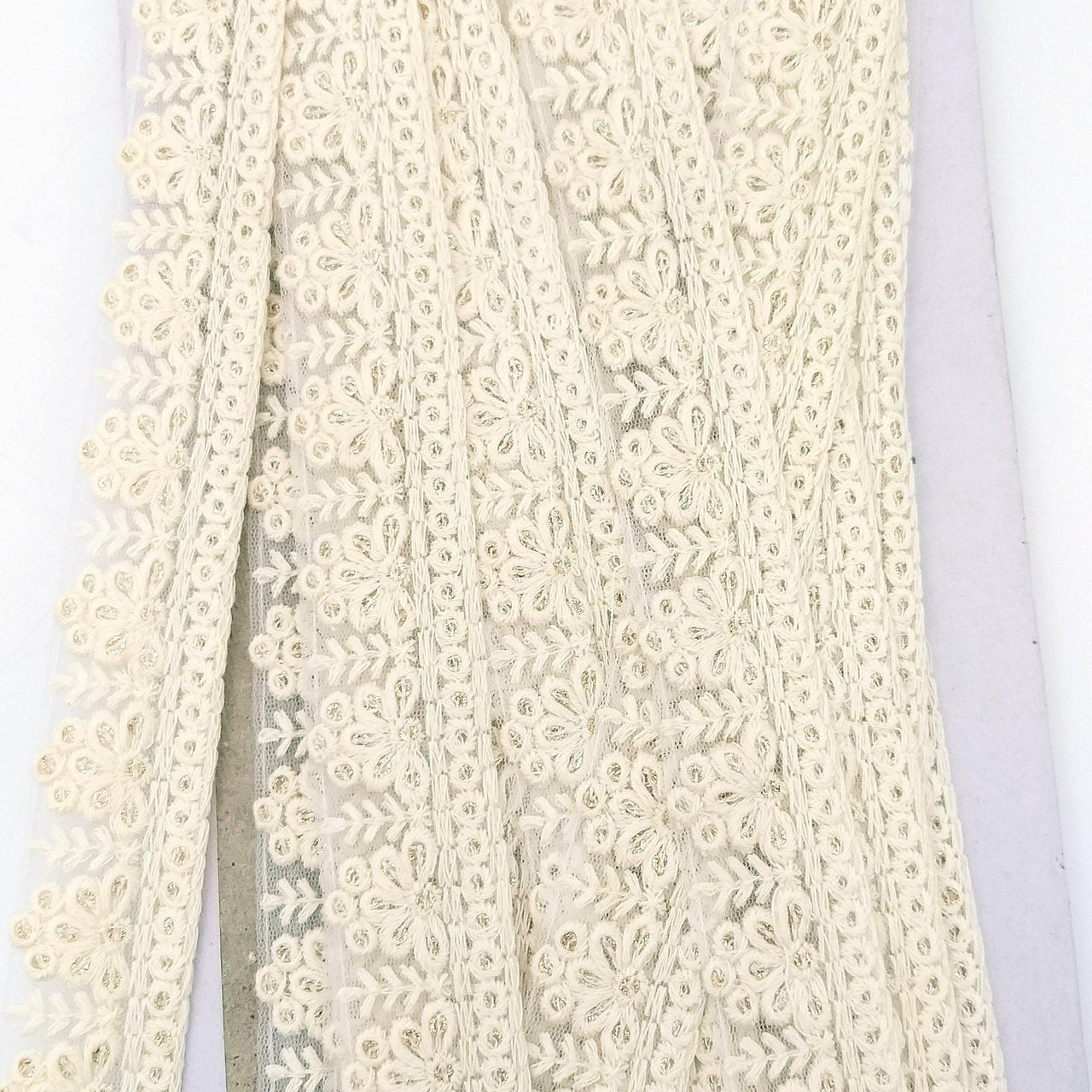 Off White Net Lace Trim With Floral Embroidery And Gold Sequins, Sequinned Trim, Wedding Trim Bridal Trim