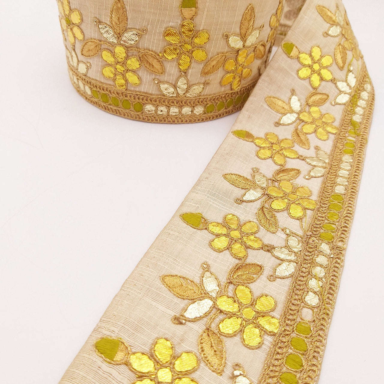 Beige Art Silk Fabric Trim, Olive Green & Gold Floral Embroidery Gota Patti Indian Sari Border Trim By Yard Decorative Trim Craft Lace