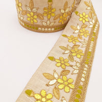 Thumbnail for Beige Art Silk Fabric Trim, Olive Green & Gold Floral Embroidery Gota Patti Indian Sari Border Trim By Yard Decorative Trim Craft Lace