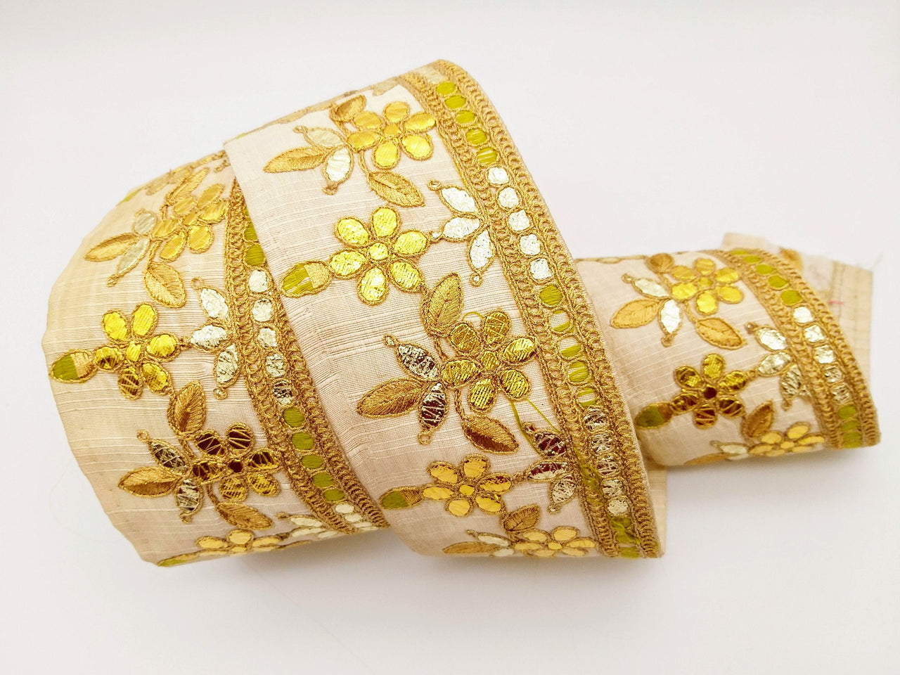 Beige Art Silk Fabric Trim, Olive Green & Gold Floral Embroidery Gota Patti Indian Sari Border Trim By Yard Decorative Trim Craft Lace