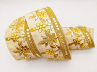 Thumbnail for Beige Art Silk Fabric Trim, Olive Green & Gold Floral Embroidery Gota Patti Indian Sari Border Trim By Yard Decorative Trim Craft Lace