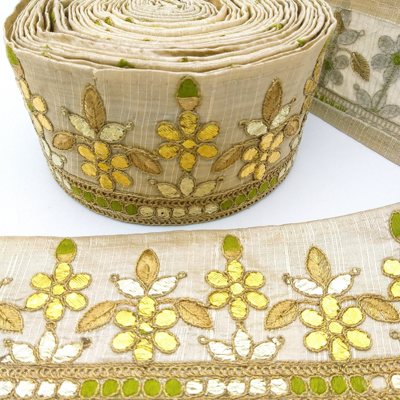 Beige Art Silk Fabric Trim, Olive Green & Gold Floral Embroidery Gota Patti Indian Sari Border Trim By Yard Decorative Trim Craft Lace