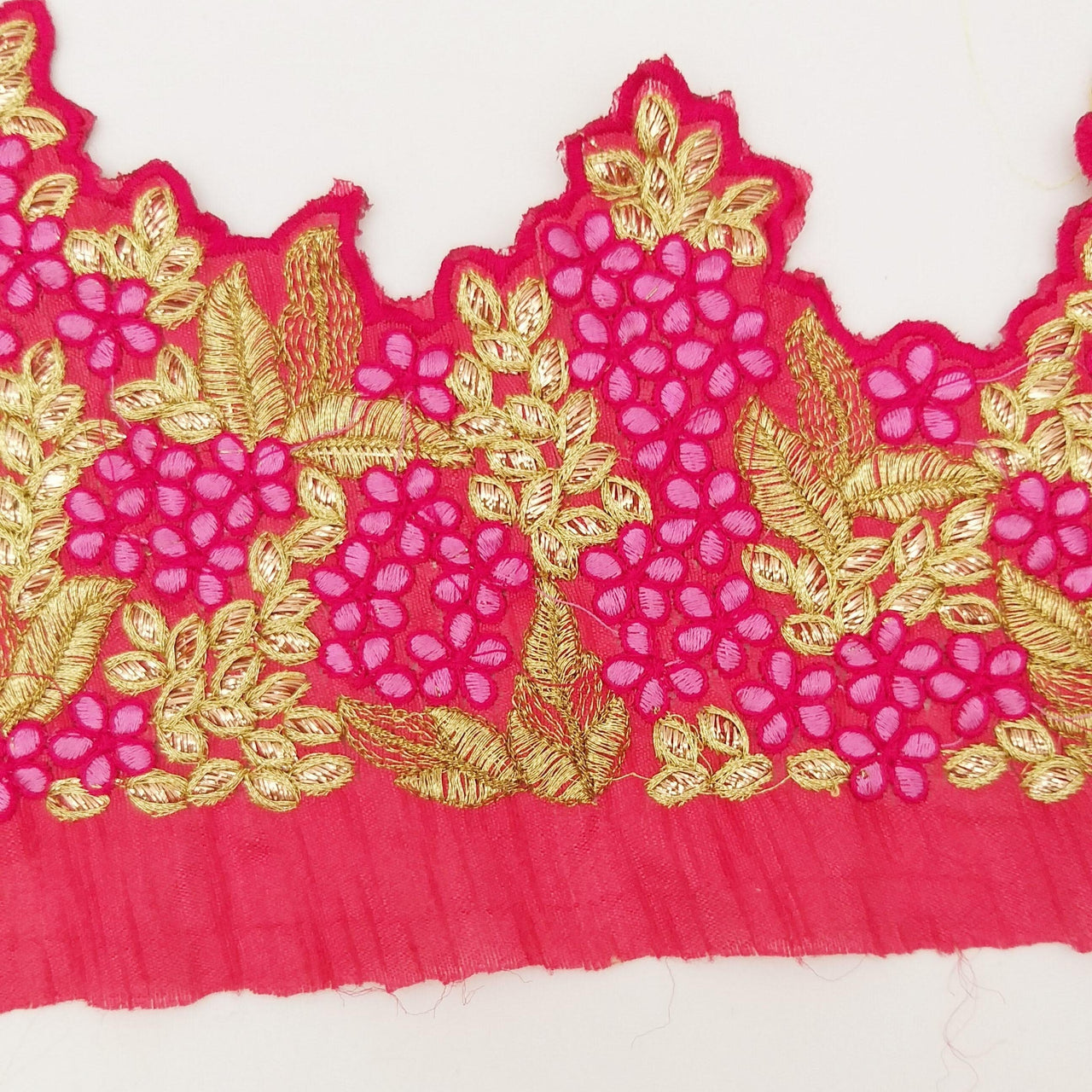 Fuchsia Pink Silk Fabric Trim, Pink & Gold Floral Embroidery Indian Sari Border Trim By Yard Decorative Trim Craft Lace
