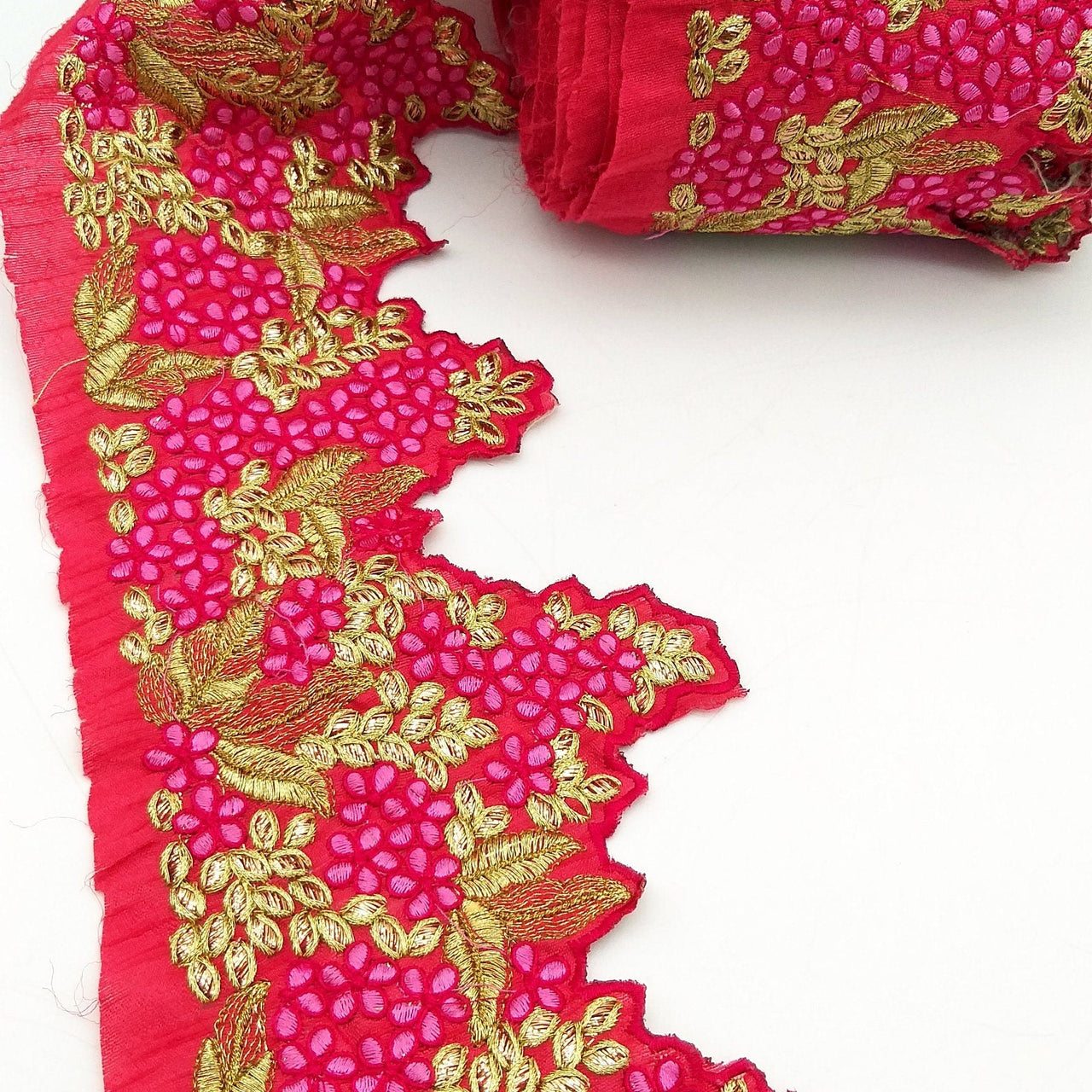 Fuchsia Pink Silk Fabric Trim, Pink & Gold Floral Embroidery Indian Sari Border Trim By Yard Decorative Trim Craft Lace