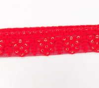 Thumbnail for Red Net Lace Trim With Floral Embroidery And Gold Sequins, Sequinned Trim, Wedding Trim Bridal Trim