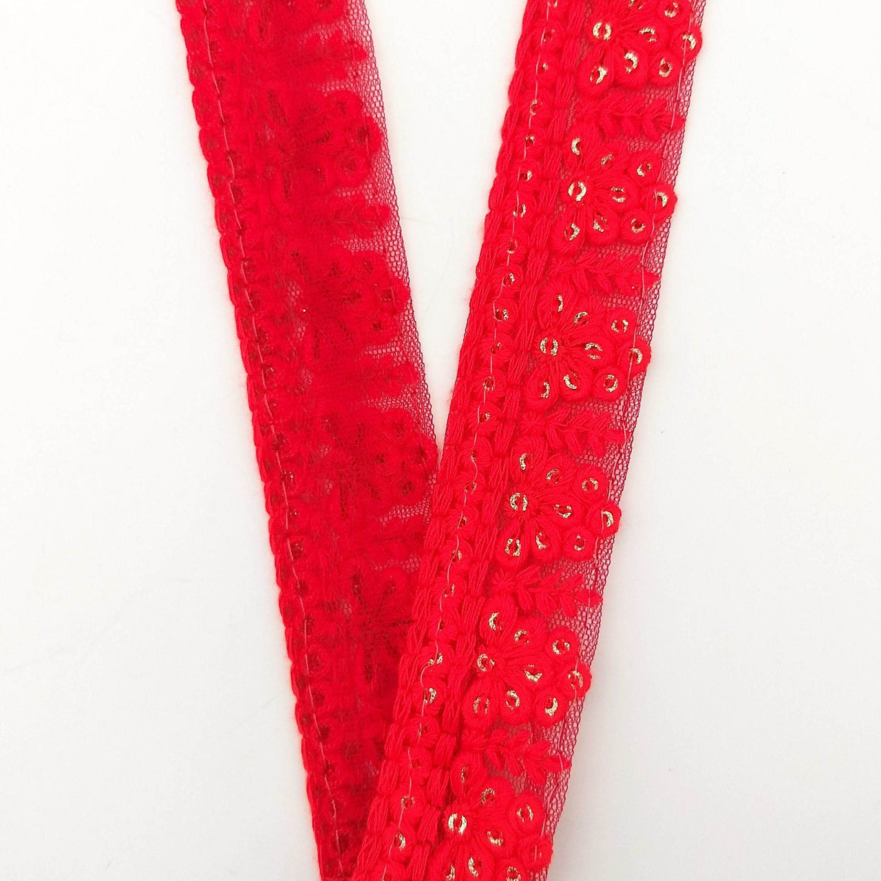 Red Net Lace Trim With Floral Embroidery And Gold Sequins, Sequinned Trim, Wedding Trim Bridal Trim