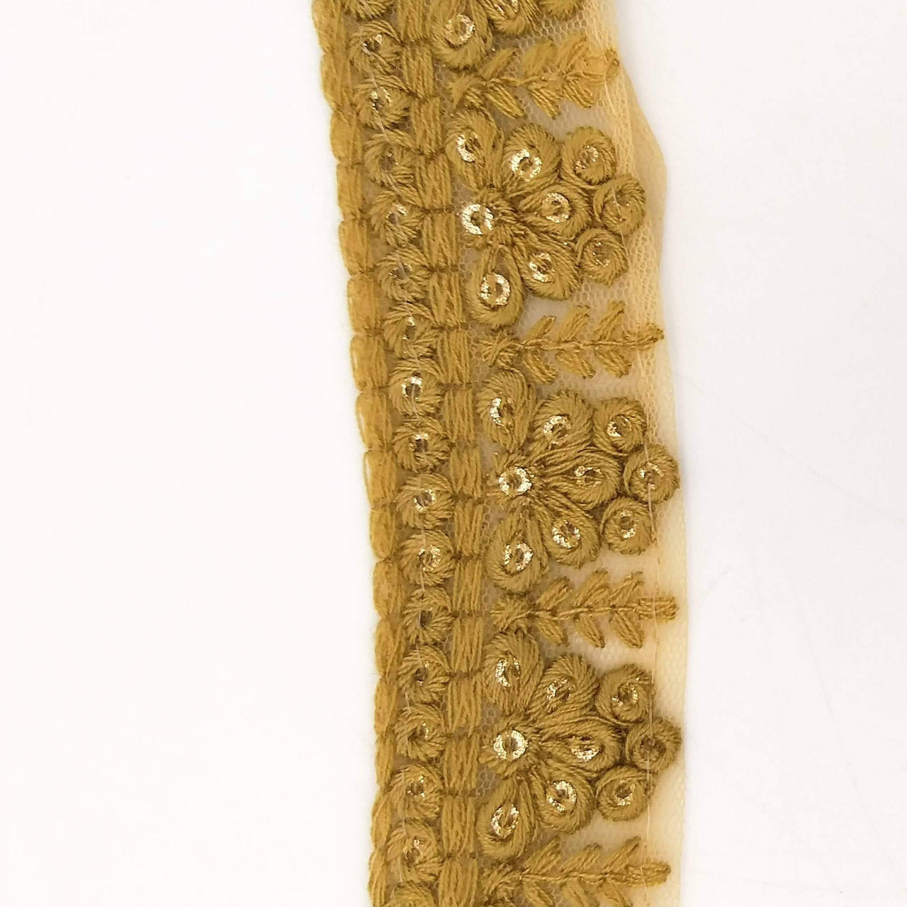 Brown Net Lace Trim With Floral Embroidery And Gold Sequins, Sequinned Trim, Wedding Trim Bridal Trim