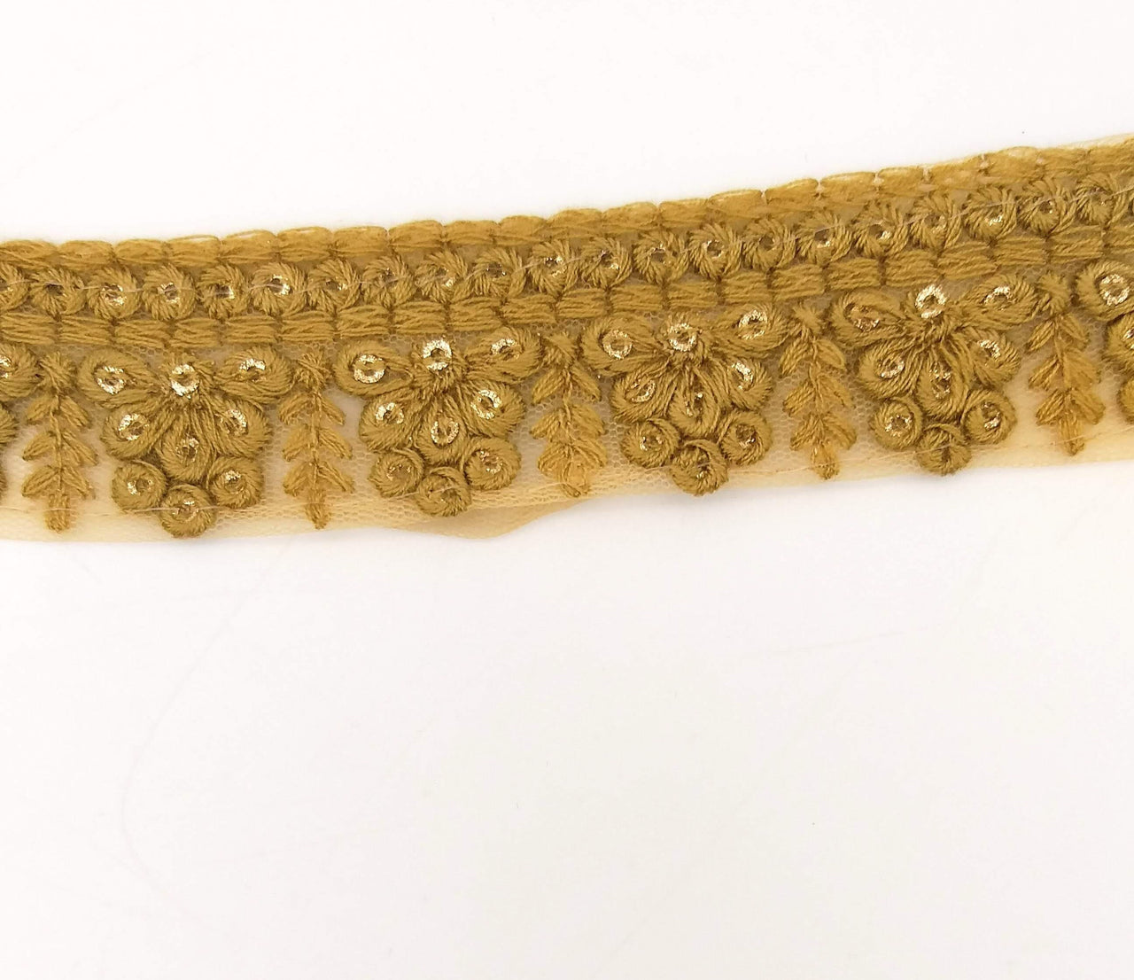 Brown Net Lace Trim With Floral Embroidery And Gold Sequins, Sequinned Trim, Wedding Trim Bridal Trim