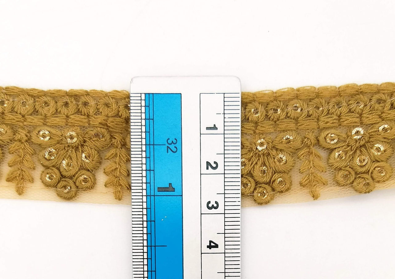 Brown Net Lace Trim With Floral Embroidery And Gold Sequins, Sequinned Trim, Wedding Trim Bridal Trim