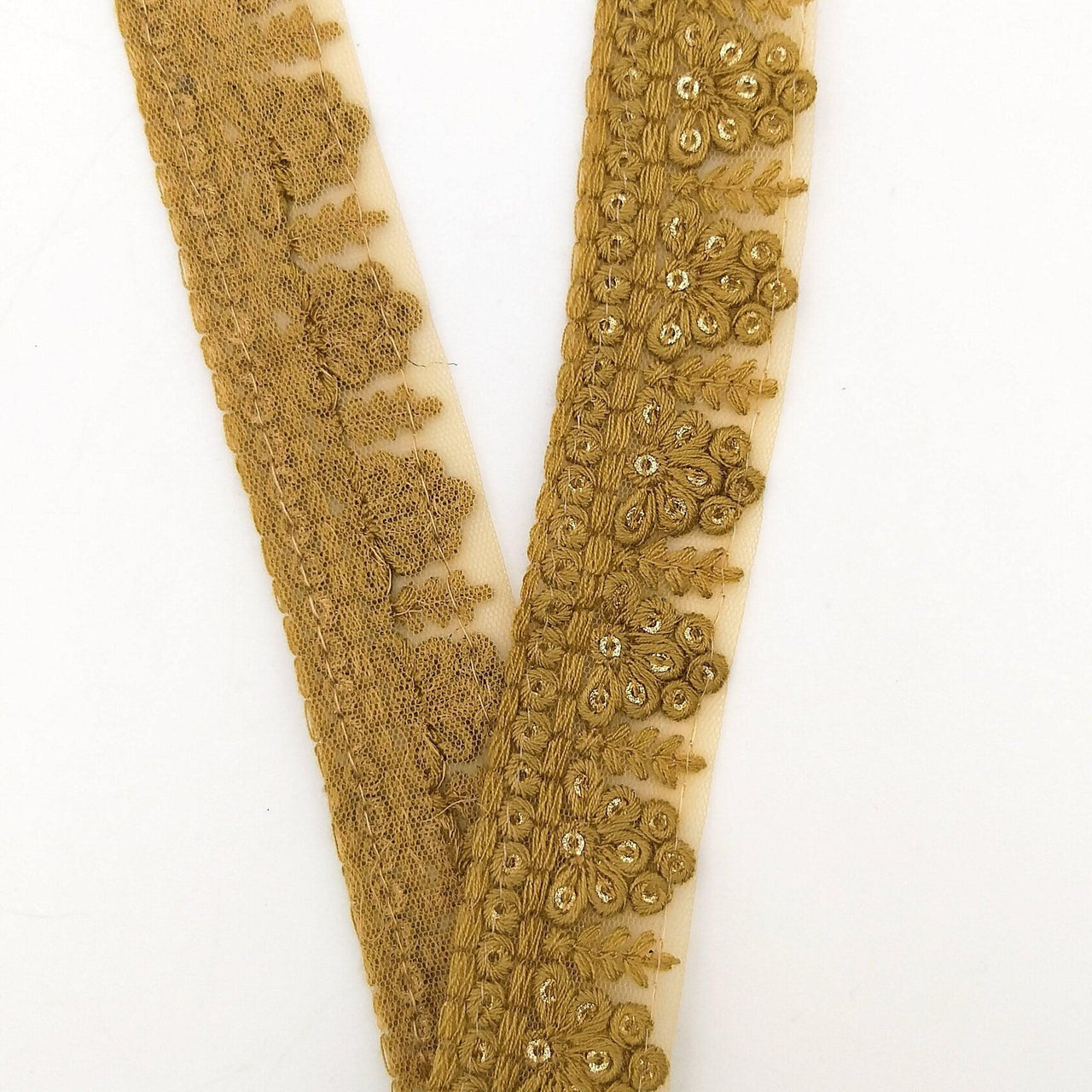 Brown Net Lace Trim With Floral Embroidery And Gold Sequins, Sequinned Trim, Wedding Trim Bridal Trim