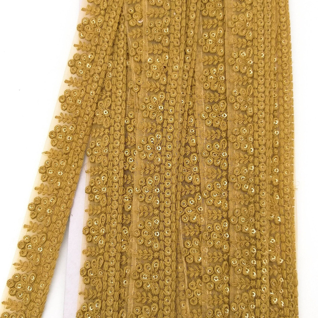 Brown Net Lace Trim With Floral Embroidery And Gold Sequins, Sequinned Trim, Wedding Trim Bridal Trim