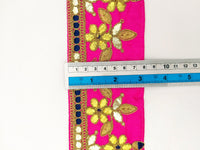 Thumbnail for Fuchsia Pink Art Silk Fabric Trim, Blue & Gold Floral Embroidery Gota Patti Indian Sari Border Trim By Yard Decorative Trim Craft Lace