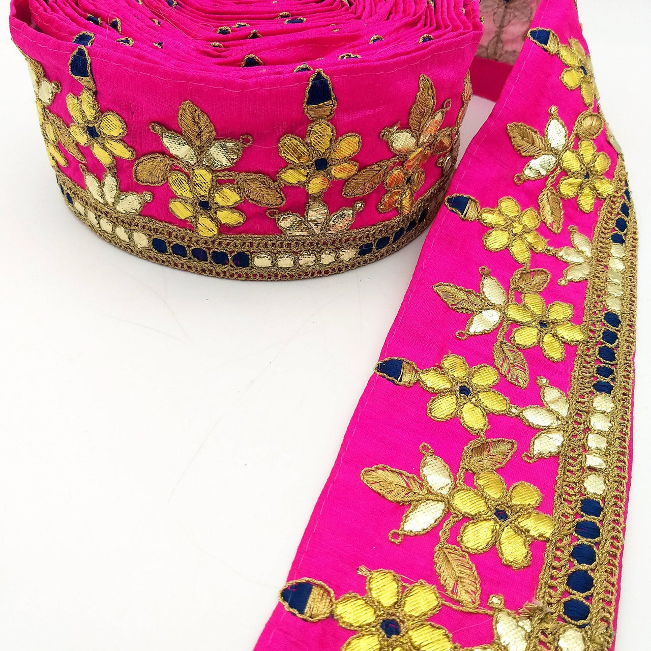 Fuchsia Pink Art Silk Fabric Trim, Blue & Gold Floral Embroidery Gota Patti Indian Sari Border Trim By Yard Decorative Trim Craft Lace
