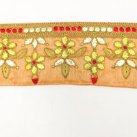 Thumbnail for Orange Art Silk Fabric Trim, Red & Gold Floral Embroidery Gota Patti Indian Sari Border Trim By Yard Decorative Trim Craft Lace