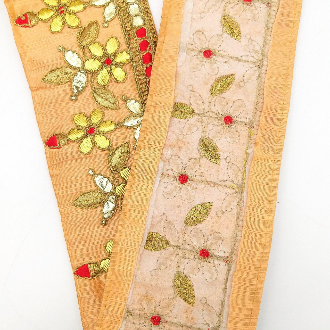 Orange Art Silk Fabric Trim, Red & Gold Floral Embroidery Gota Patti Indian Sari Border Trim By Yard Decorative Trim Craft Lace