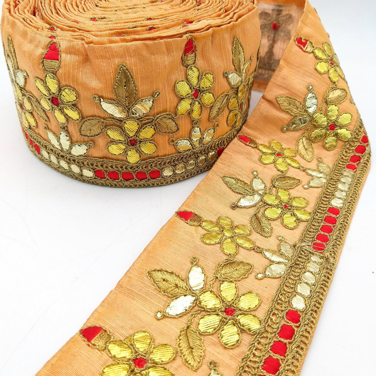 Orange Art Silk Fabric Trim, Red & Gold Floral Embroidery Gota Patti Indian Sari Border Trim By Yard Decorative Trim Craft Lace