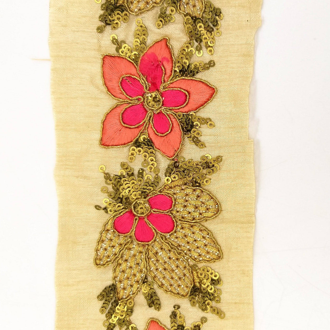 Beige Silk Fabric Trim, Peach, Pink & Gold Floral Embroidery Indian Sari Border Trim By Yard Decorative Trim Craft Lace