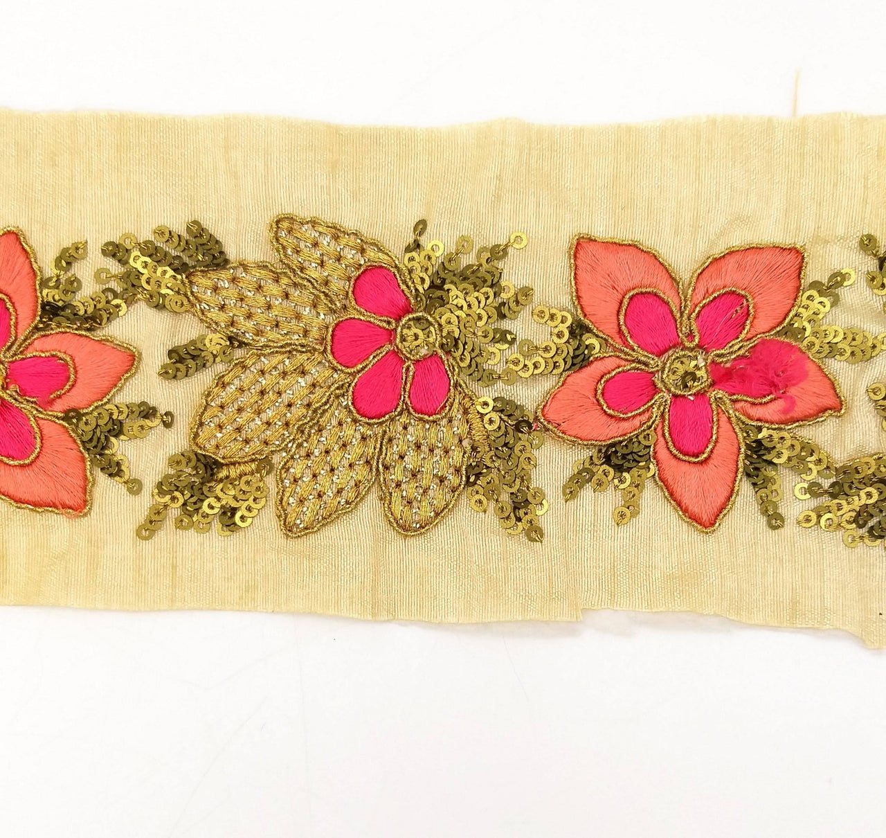 Beige Silk Fabric Trim, Peach, Pink & Gold Floral Embroidery Indian Sari Border Trim By Yard Decorative Trim Craft Lace