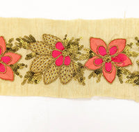 Thumbnail for Beige Silk Fabric Trim, Peach, Pink & Gold Floral Embroidery Indian Sari Border Trim By Yard Decorative Trim Craft Lace