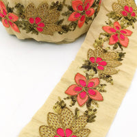 Thumbnail for Beige Silk Fabric Trim, Peach, Pink & Gold Floral Embroidery Indian Sari Border Trim By Yard Decorative Trim Craft Lace