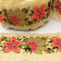 Thumbnail for Beige Silk Fabric Trim, Peach, Pink & Gold Floral Embroidery Indian Sari Border Trim By Yard Decorative Trim Craft Lace