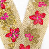 Thumbnail for Beige Silk Fabric Trim, Red, Pink & Gold Floral Embroidery Indian Sari Border Trim By Yard Decorative Trim Craft Lace