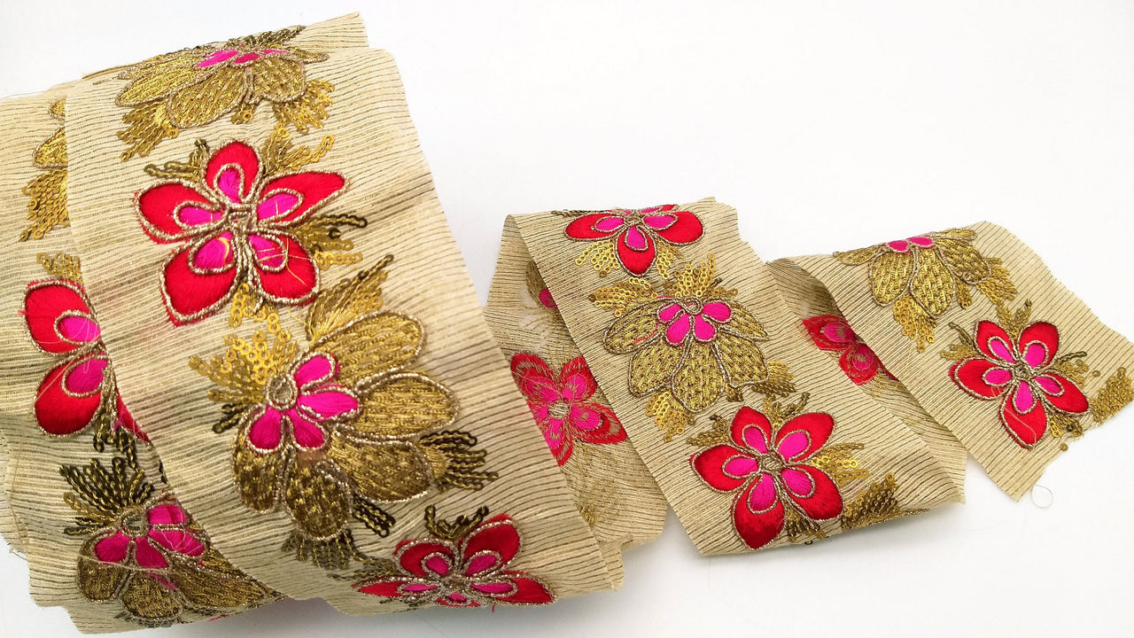 Beige Silk Fabric Trim, Red, Pink & Gold Floral Embroidery Indian Sari Border Trim By Yard Decorative Trim Craft Lace