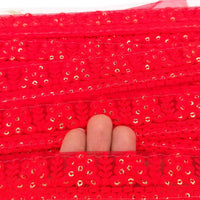 Thumbnail for Red Net Lace Trim With Floral Embroidery And Gold Sequins, Sequinned Trim, Wedding Trim Bridal Trim
