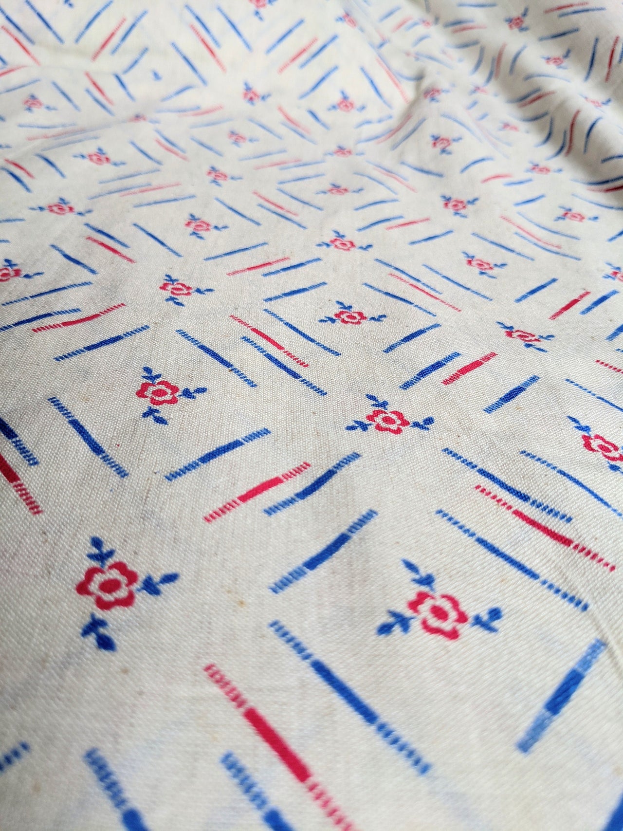Off White Cotton Fabric In Red and Blue Floral Print, Handloom Fabric, Quilting Fabric