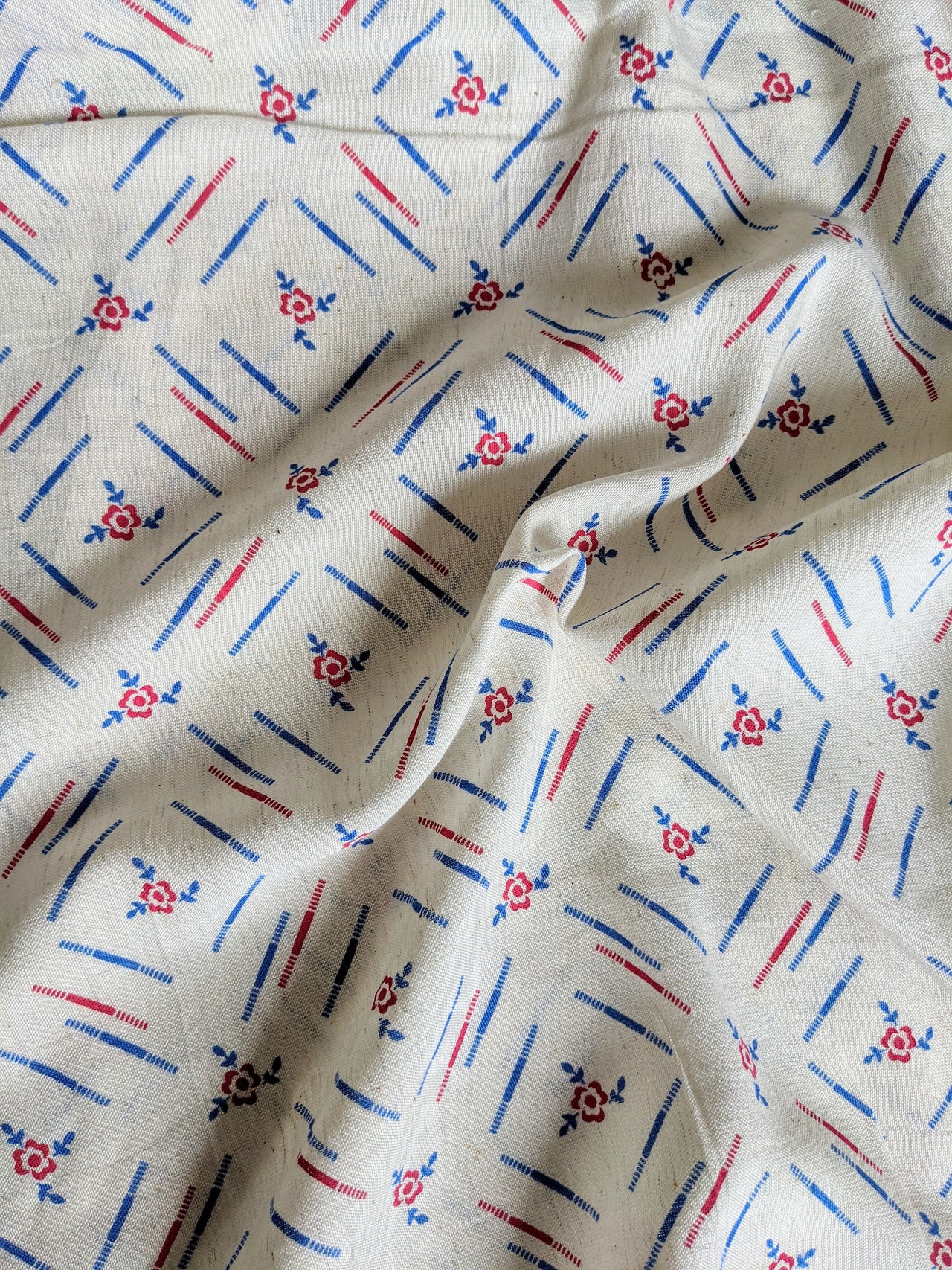 Off White Cotton Fabric In Red and Blue Floral Print, Handloom Fabric, Quilting Fabric