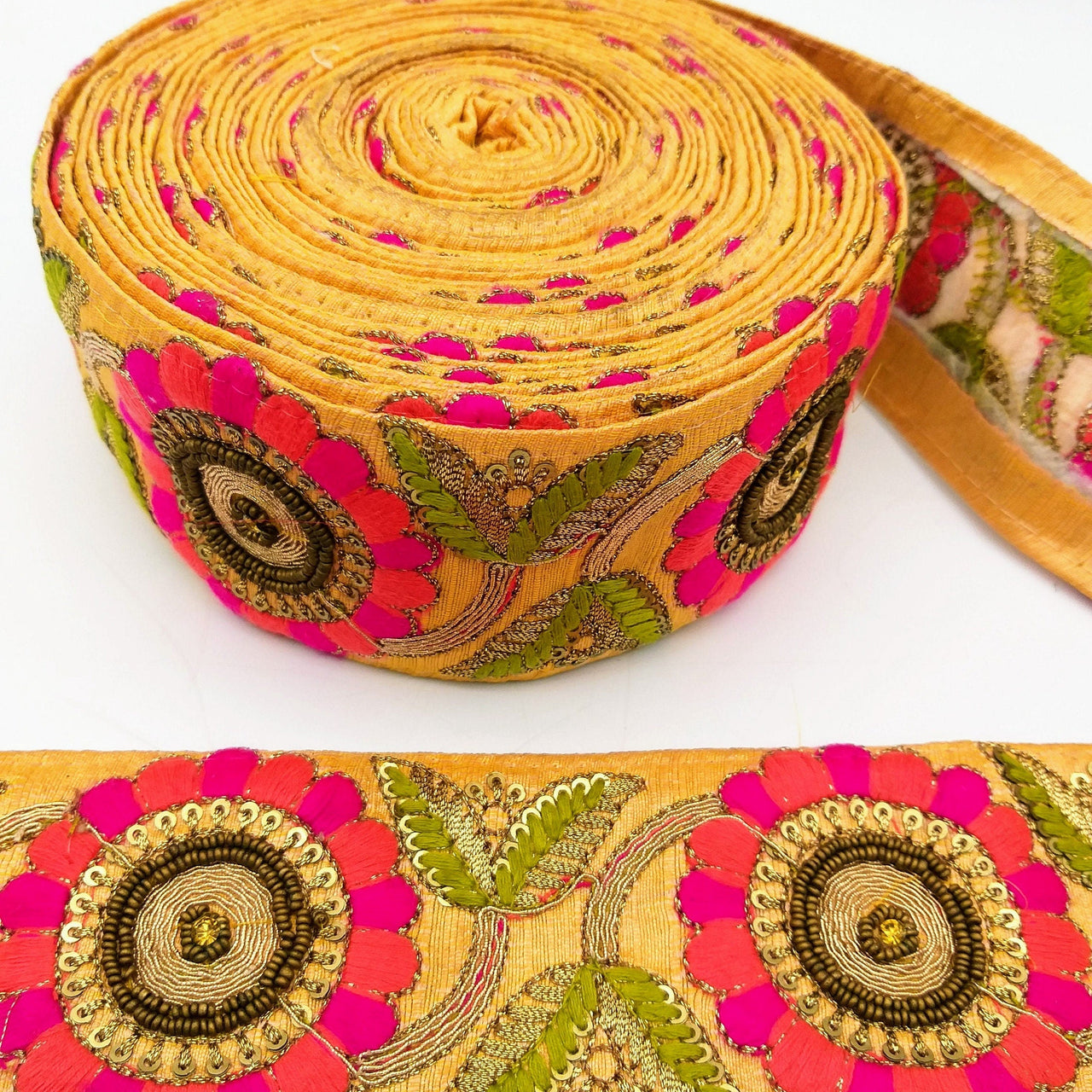 Orange Art Silk Lace Trim, Floral Embroidery in Green, Salmon and Fuchsia