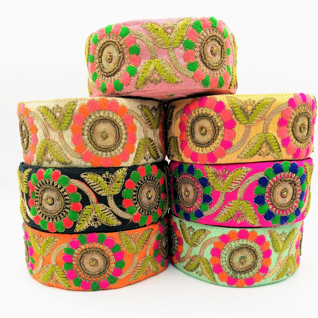 Fuchsia Art Silk Lace Trim, Floral Embroidery in Green and Blue, Hand Embroidered Border with Antique Gold beads and Gold Sequins